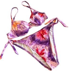 Vintage 1990s deadstock purple floral tie dye bikini